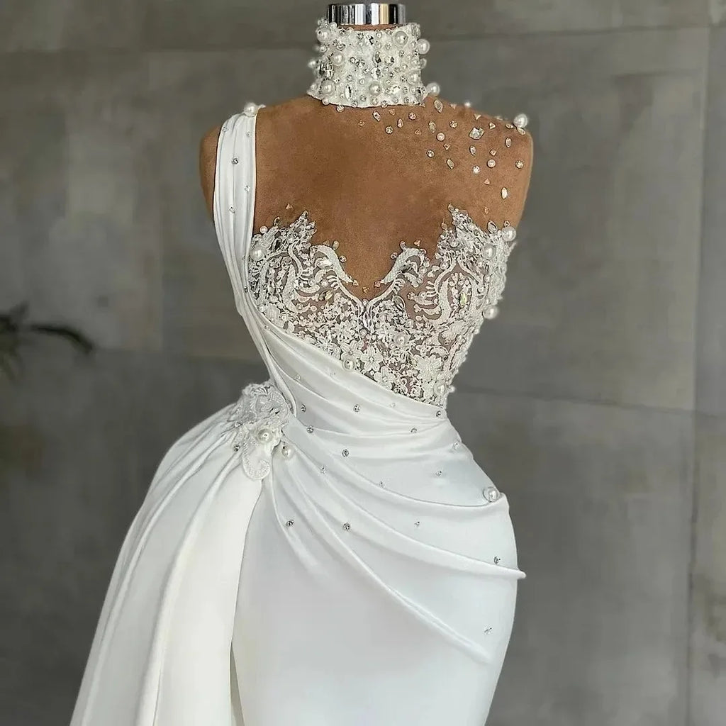 Customized Mermaid Wedding Dresses with Detachable Train Pearls Applique Beaded Bridal Gowns High Neck Robes De Mariee Vestidos