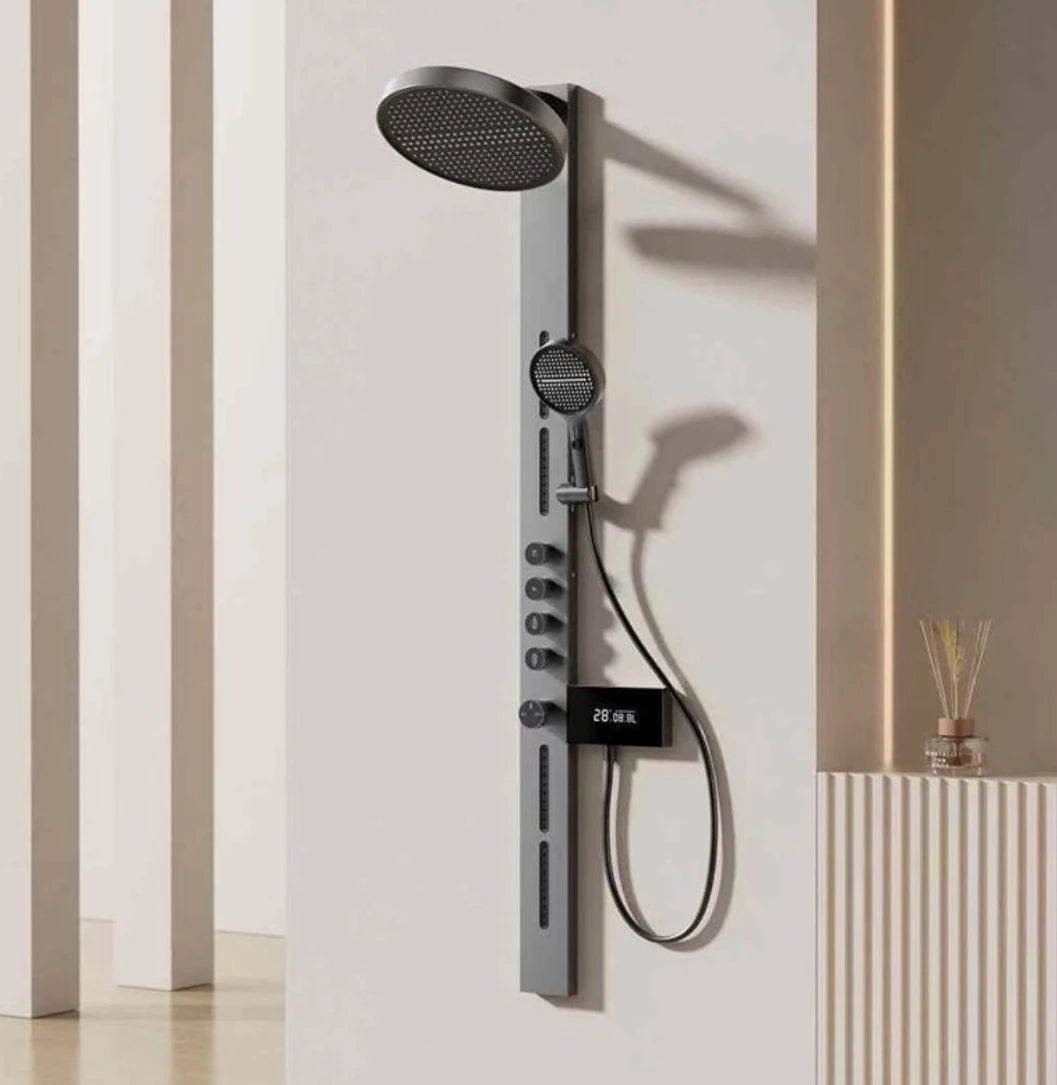 Brass Rainfall Shower Panel Set Digital Display Wall Mounted Bathroom SPA System Multifunctional Smart Shower Head Kit for