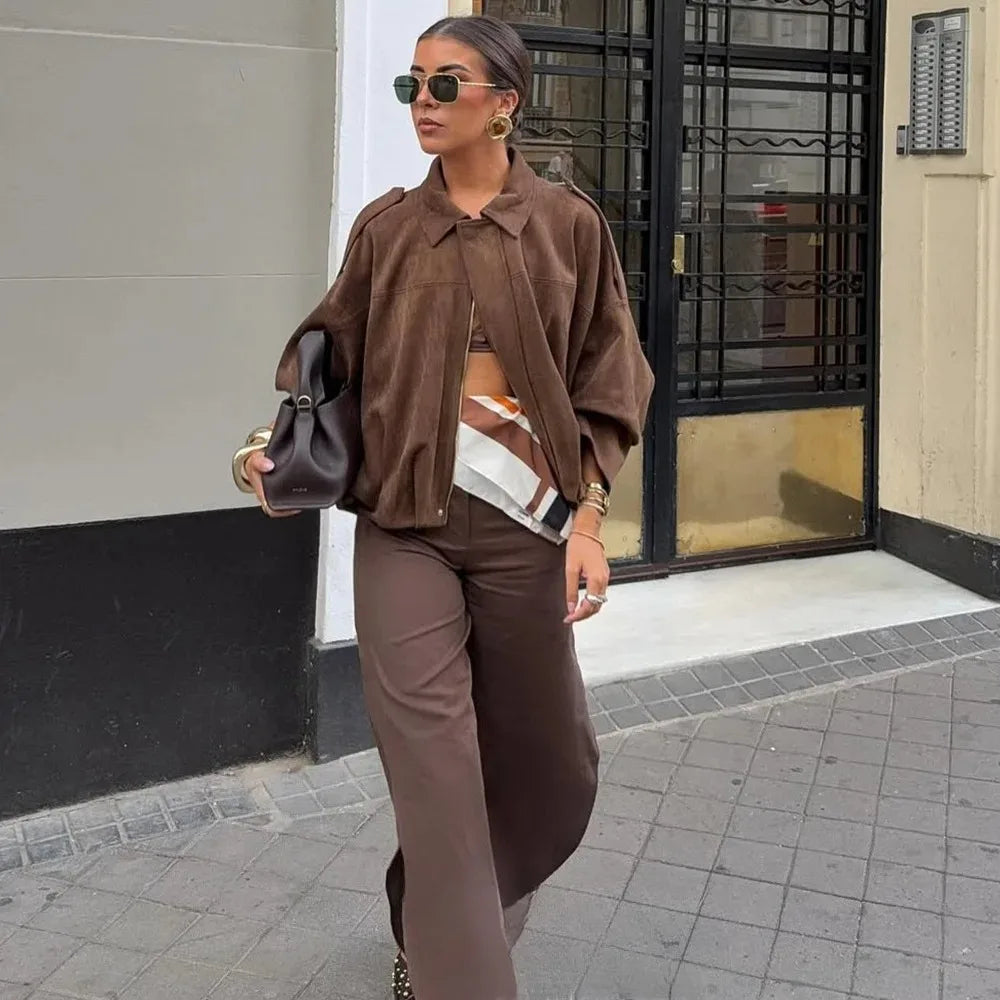 KONDALA 2025 Fall Winter Women's Bomber Jacket Lapel Long Sleeve Zipper Suede Jacket Women High Street Jackets Coats Outerwears