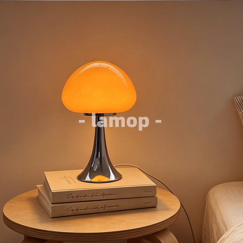 Murano Glass Milky Yellow Half Dome Mushroom Flared Base Table Lamp Cream Wood 3 Tone Soft Light Bedroom Nightstand Decor Lamp