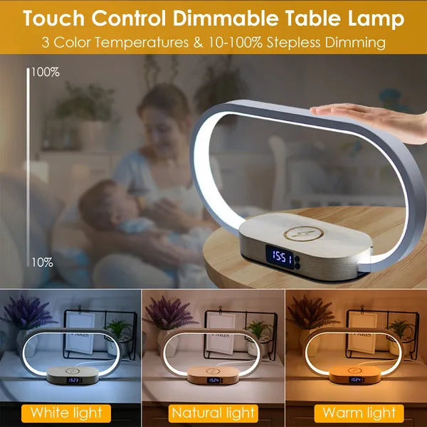 Bedside Table Lamp Touch Control Lamp With Clock Wireless Charging LED