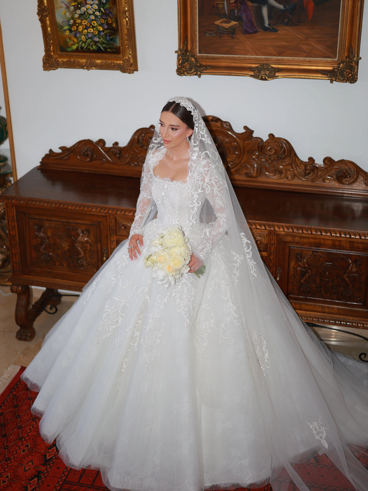 Customized High Collar Long Sleeve Lace Ball Dress A-line Square Collar Shining Bride Dress Church Train Luxury Wedding Dress