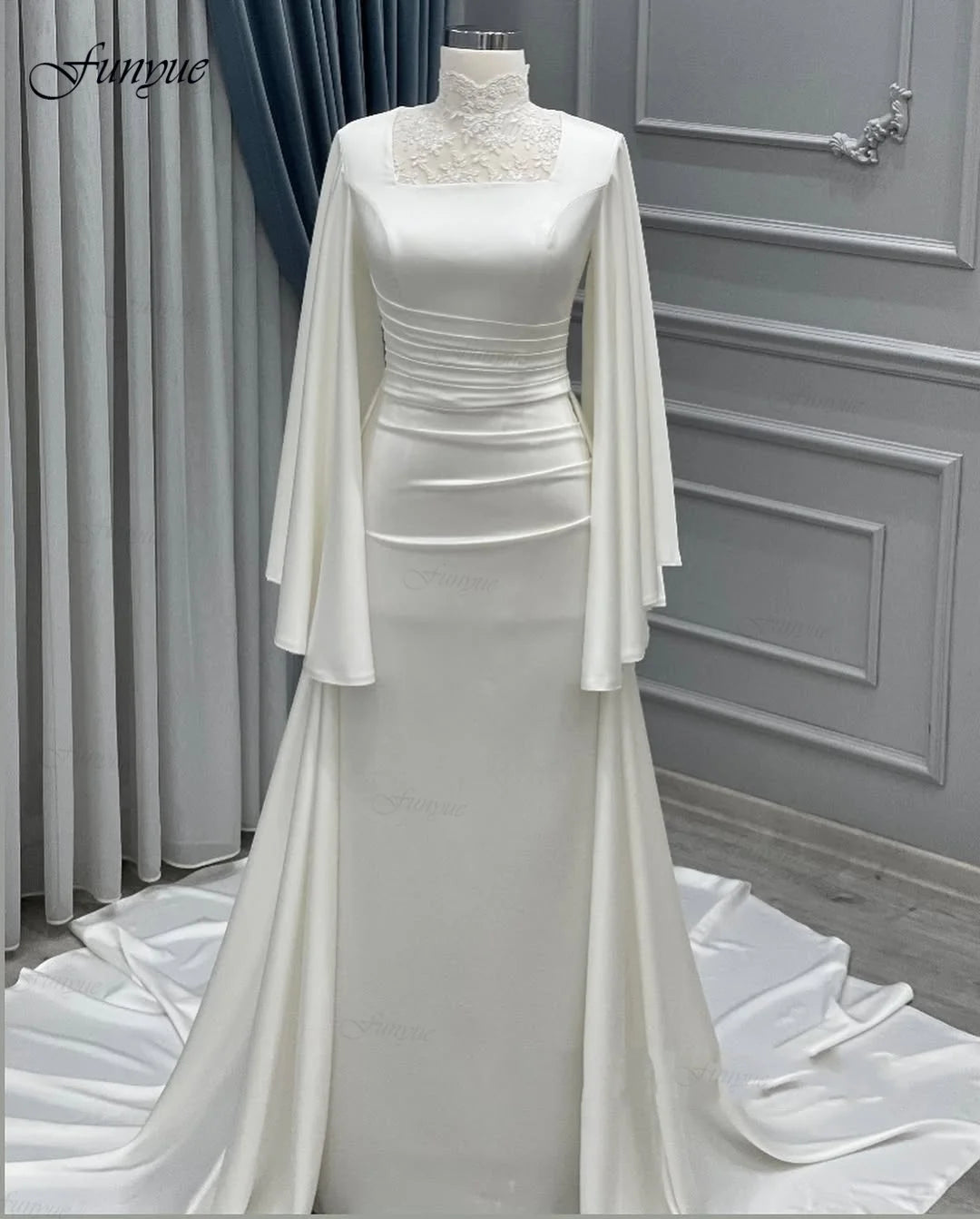 Funyue Customized Silk Satin Muslim Wedding Dresses for Women 2026 Bride Court Train Long Sleeves Ivory Bridal Gowns Mermaid New