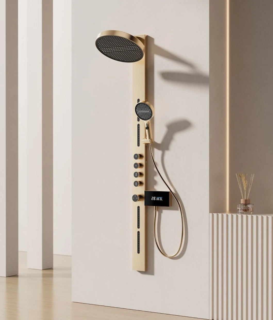 Brass Rainfall Shower Panel Set Digital Display Wall Mounted Bathroom SPA System Multifunctional Smart Shower Head Kit for
