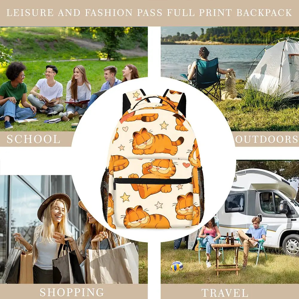 Funny Lazy Garfield Backpack Star Heart Print Cute Cartoon School Bag For Picnic Camping Travel