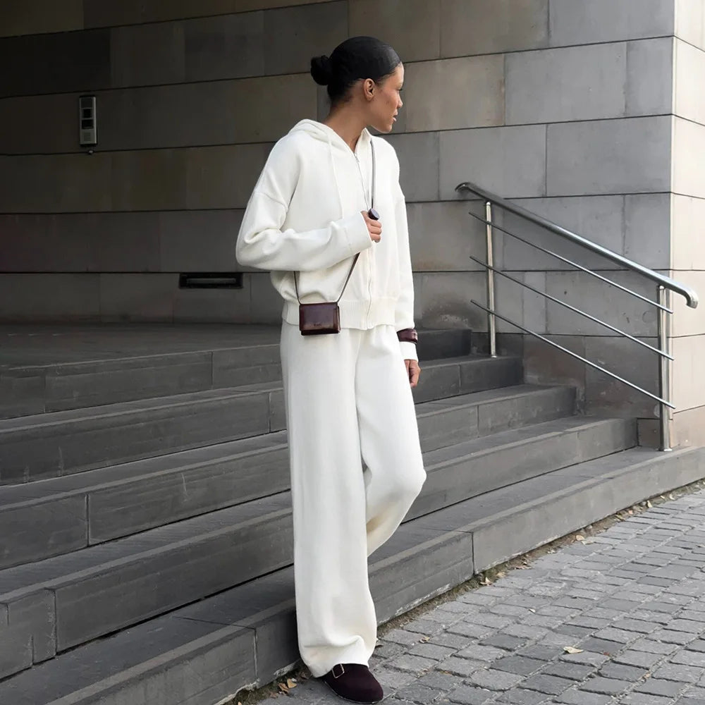 Sports Style Hooded Zipper Cardigan Wide Leg Pants Suit Autumn and Winter Women's Lazy Style Loose Thick Warm Jacket Pants 2Pcs