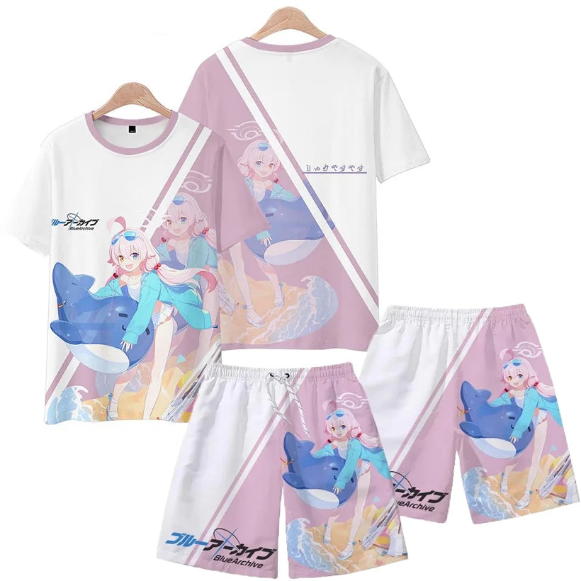 Men's Suits Anime Blue Archive Takanashi Hoshino 3D Print T-Shirts Shorts 2-Piece Sets Tracksuits Oversized Outfits Man Clothing