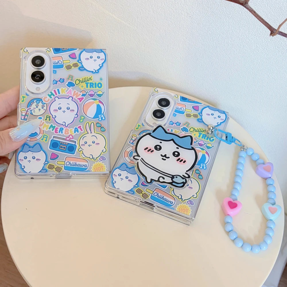 Cute Cartoon Japan Anime Chiikawa Usagi Hachiware Stand Holder Phone Case For Samsung Galaxy Z Fold 8 7 6 5 Case With lanyard