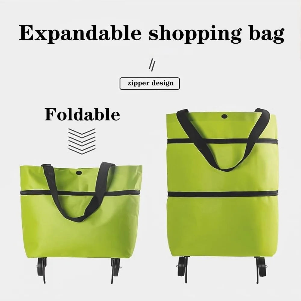 Foldable Shopping Bags with Wheels Portable Roller Tote Grocery Market Cart Caddy Oxford Fabric Reuseable Lightweight Bags Green