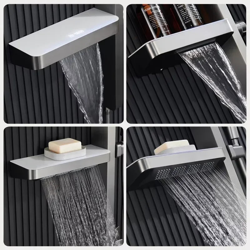 Modern Smart LED Rainfall Shower Set Concrete Mixer Valve Digital Display Temperature Control Bathroom Fixture With Shelf