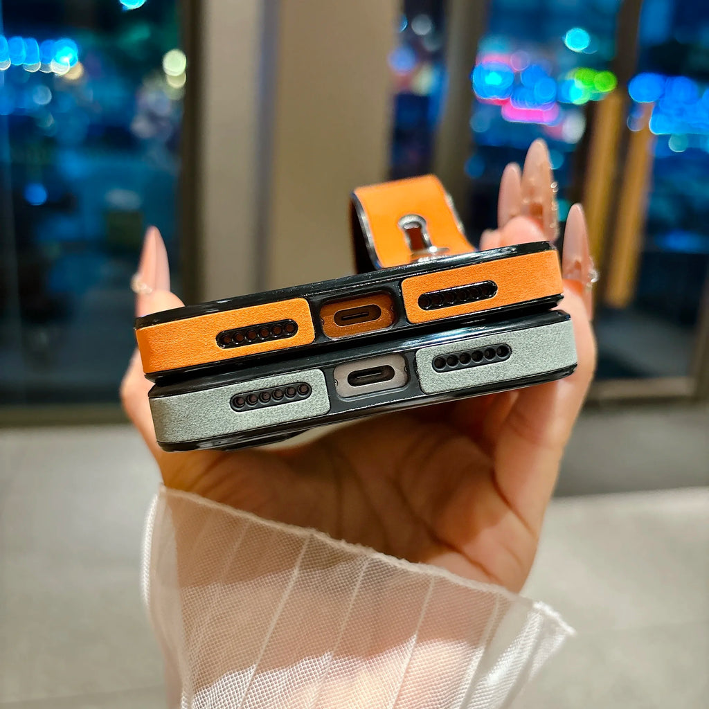 Suede Leather Wrist Strap Holder Phone Case for iPhone 17 16 15 14 13 Plus Pro Max Large Window Camera Protection Bumper Cover