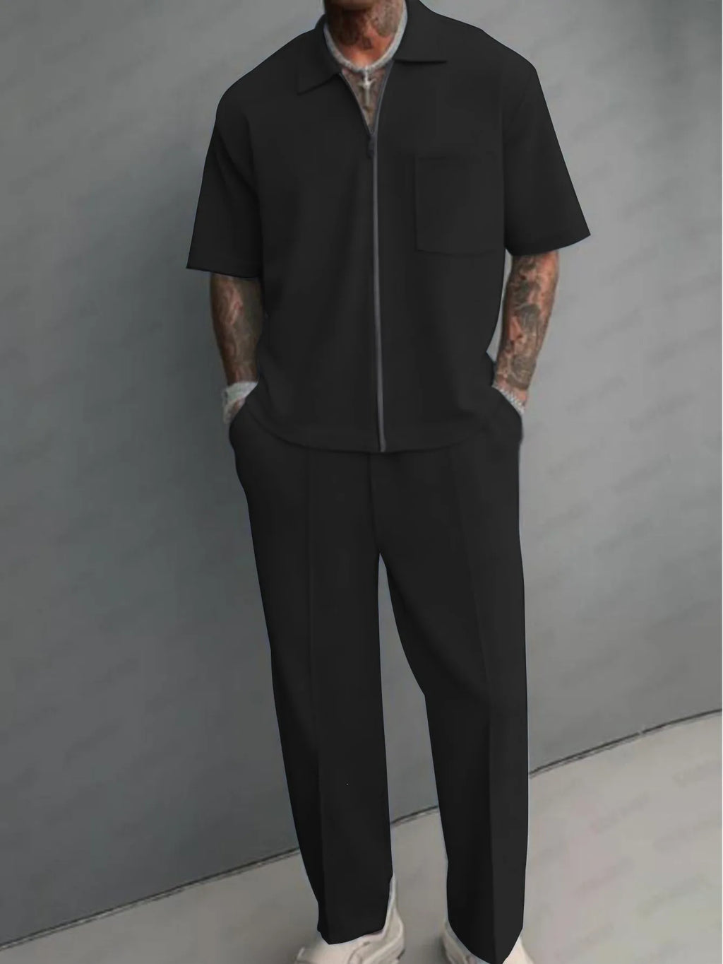Men 2 Piece Outfits Half Zip Polo Short Sleeve Shirt Straight Leg Pants Set Casual Solid Color Knit Tracksuit Streetwear Suit