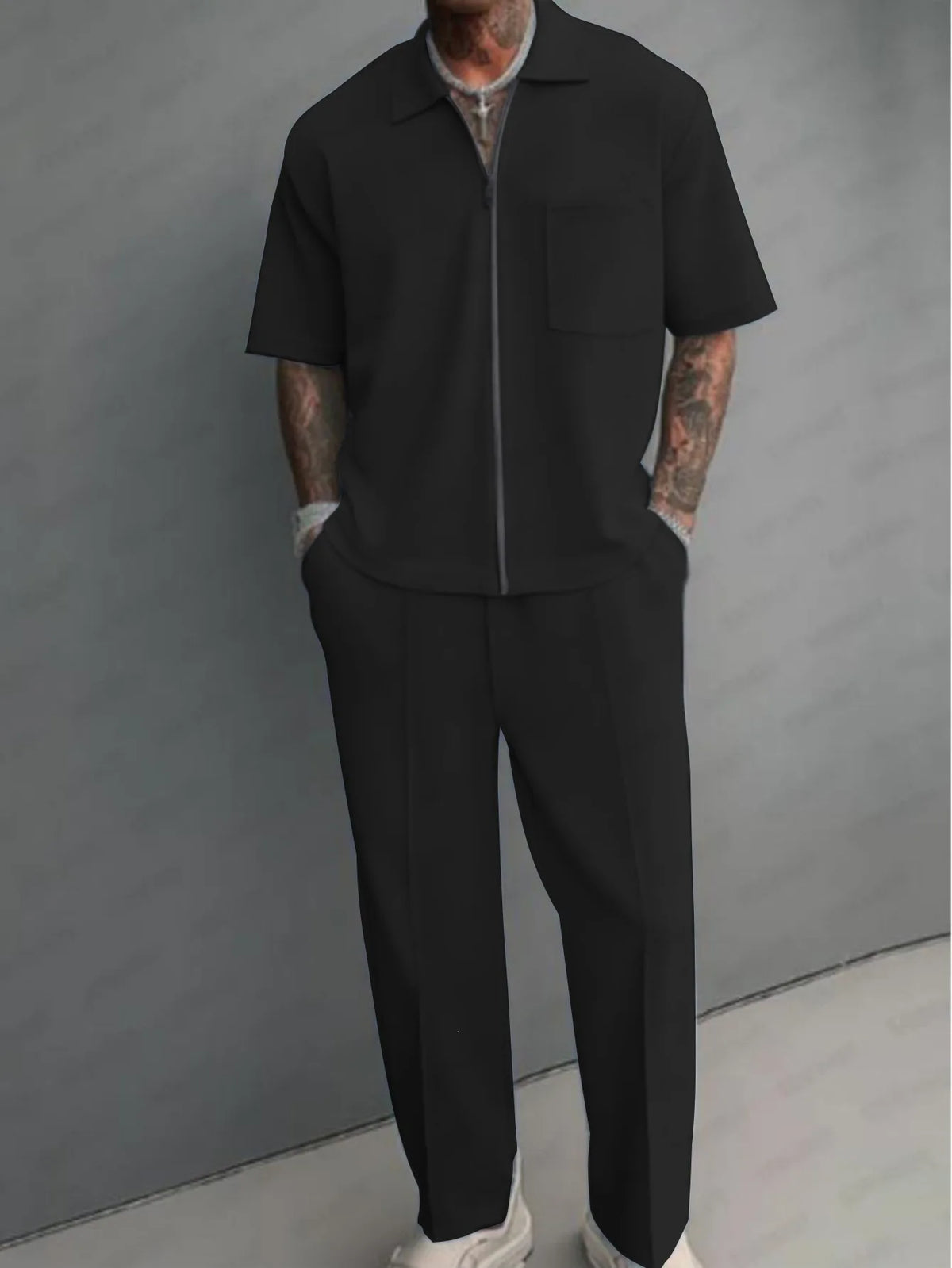 Men 2 Piece Outfits Half Zip Polo Short Sleeve Shirt Straight Leg Pants Set Casual Solid Color Knit Tracksuit Streetwear Suit