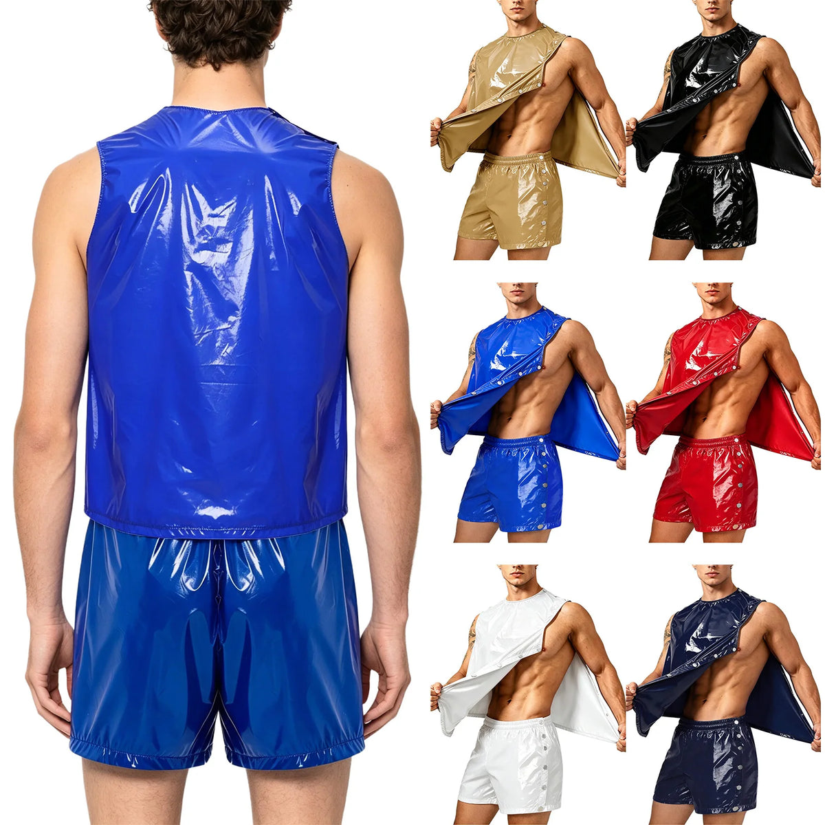 Mens Waterproof Sweat Tracksuit Sleeveless Tank Tops and Sides Buttons Boxer Shorts Workout Outfit for Senior Assisted Living