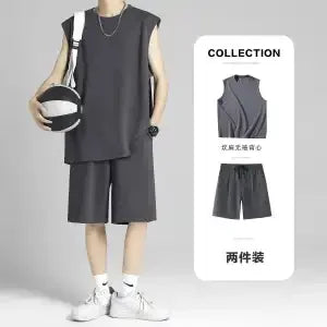 Street Hip Hop Men Ice Silk Quick Dry Sleeveless Vest Shorts Two Piece Set Casual Sports Basketball Daily Outdoor Wear