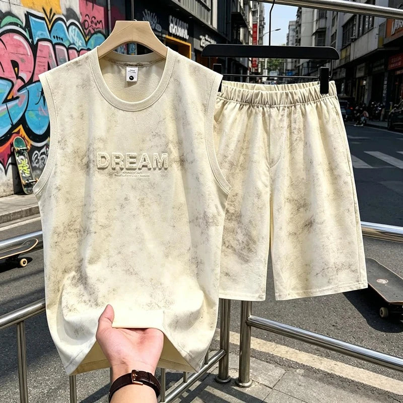Summer 2pcs Tie Dye Vest Sets Men Two Piece Sleeveless Thin Foaming Print T-Shirts + Shorts Sets Korean Streetwear Tracksuit Man