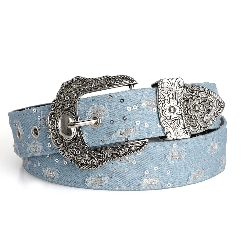 Women's Retro Casual Trend Rhinestone Buckle Belt, Street Ripped Denim Style Punk Rock Versatile Fashion Accessory，For Men Women