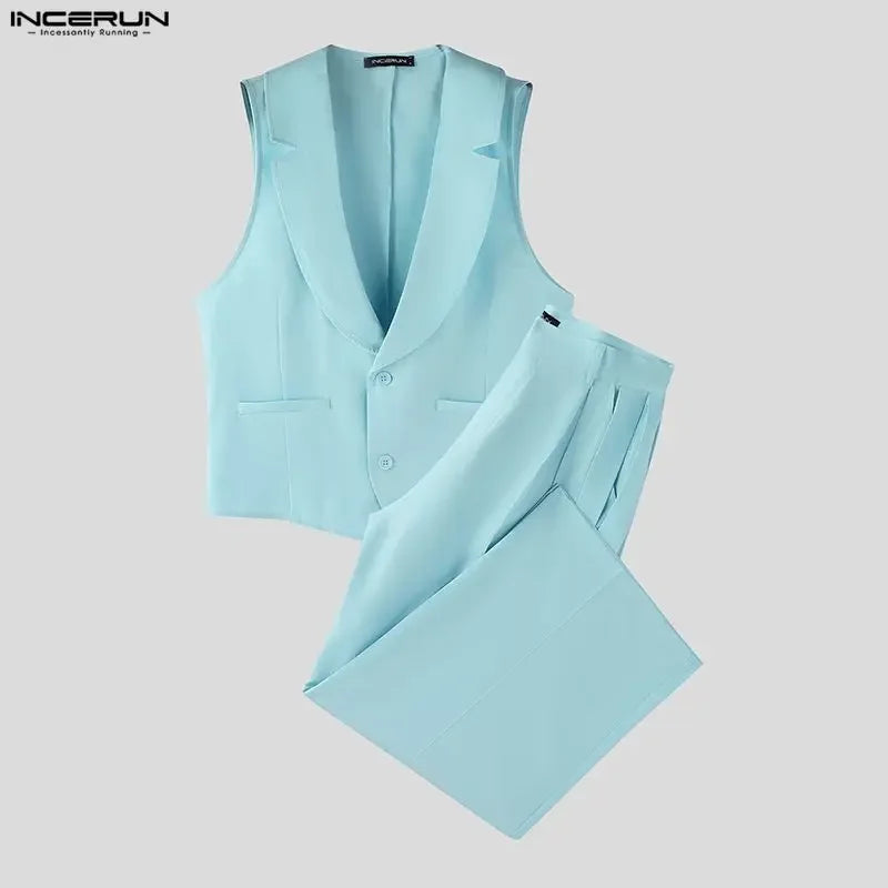 INCERUN Men Sets Solid Color V Neck Sleeveless Vests & Pants With Belt Two Pieces Sets Streetwear Elegant 2026 Fashion Men Suits