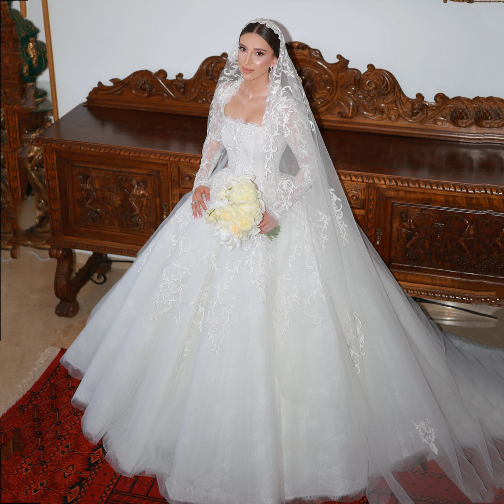 Customized High Collar Long Sleeve Lace Ball Dress A-line Square Collar Shining Bride Dress Church Train Luxury Wedding Dress