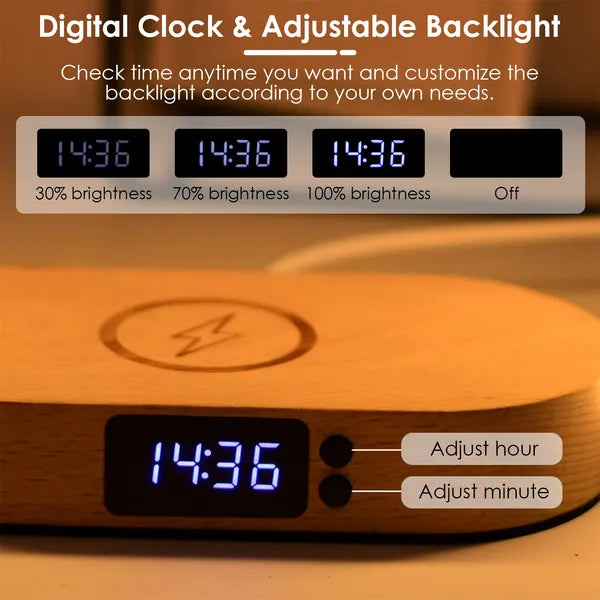 Bedside Table Lamp Touch Control Lamp With Clock Wireless Charging LED