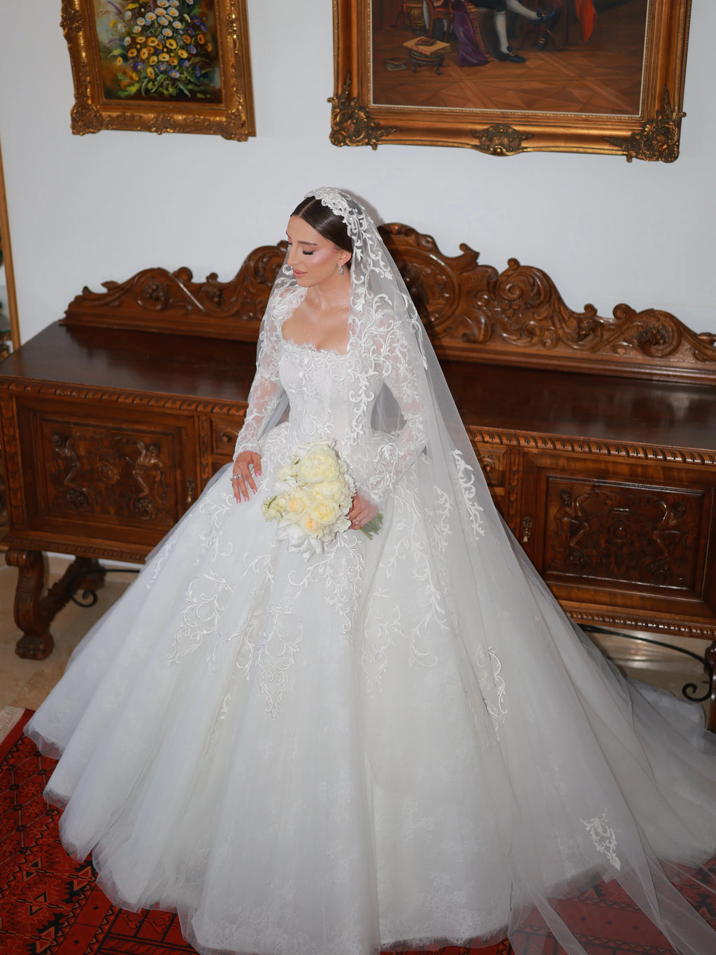 Customized High Collar Long Sleeve Lace Ball Dress A-line Square Collar Shining Bride Dress Church Train Luxury Wedding Dress