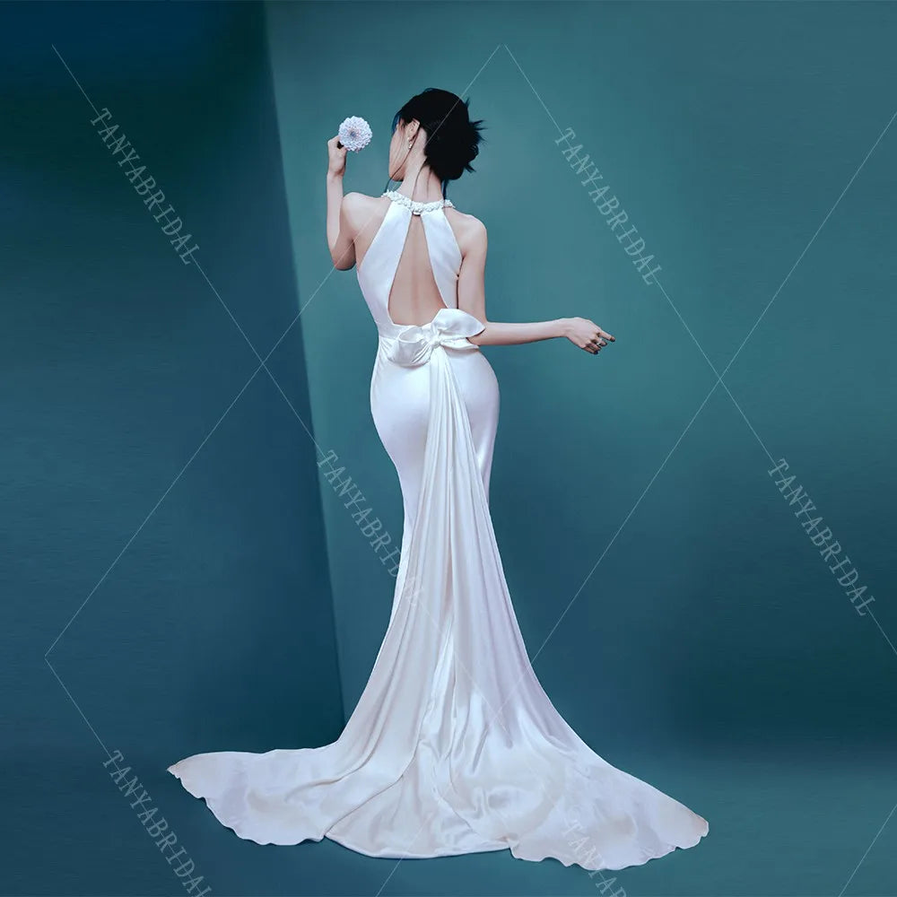 Elegant Soft Satin Mermaid Wedding Dress Sleeveless Backless Sheath Bridal Gown Simple Sweep Train Evening Dress Chic