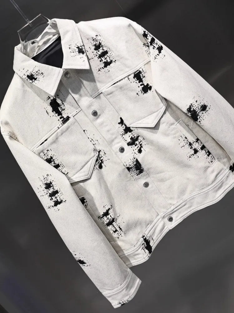 Autumn Mens Printed Denim Jacket Loose Fit Single Breasted Casual Cowboy Outwear Coat Fashion Designer Streetwear Male Jackets