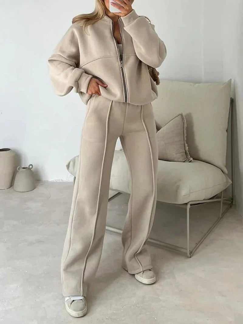 Women Zip Up Oversized Jacket Drawstring Wide Leg Pants Two Piece Tracksuit Casual Sweat Outfit