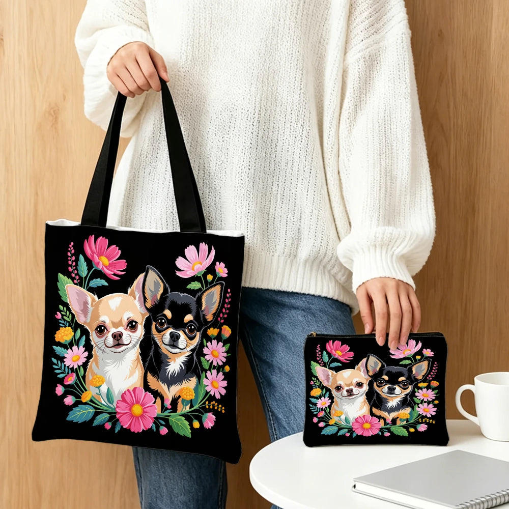 Chihuahua Dog Print Handbag Black Floral Pattern Tote Bags And Makeup Bag Combination For Shopping And Travel Portable Pouch