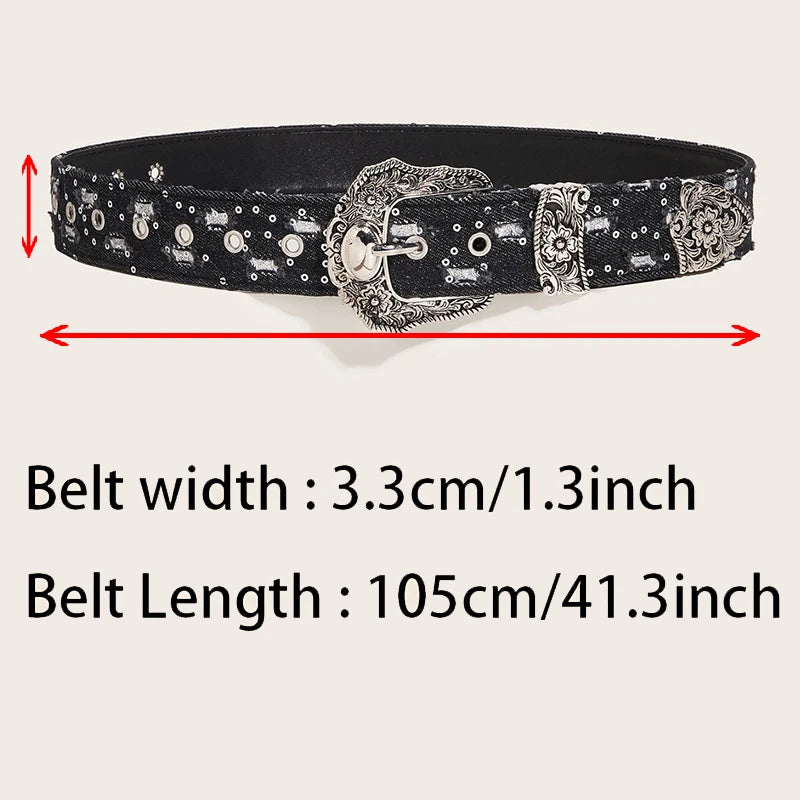 Women's Retro Casual Trend Rhinestone Buckle Belt, Street Ripped Denim Style Punk Rock Versatile Fashion Accessory，For Men Women