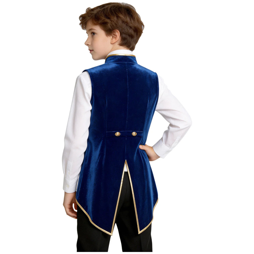 Boys Vintage Medieval Renaissance Tailcoat Jacket Metallic Trim Victorian Steampunk Gothic Velvet Vest Tuxedo Halloween Cosplay