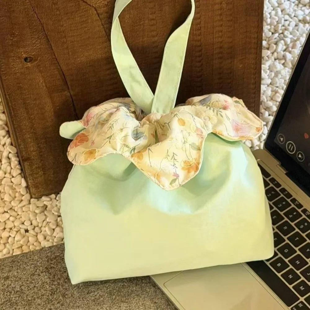 Sweet Flower Drawstring Handbag Cute Plaid Double-Sided Phone Pouch Large Capacity Flower Pattern Clutch Purse Commute Travel