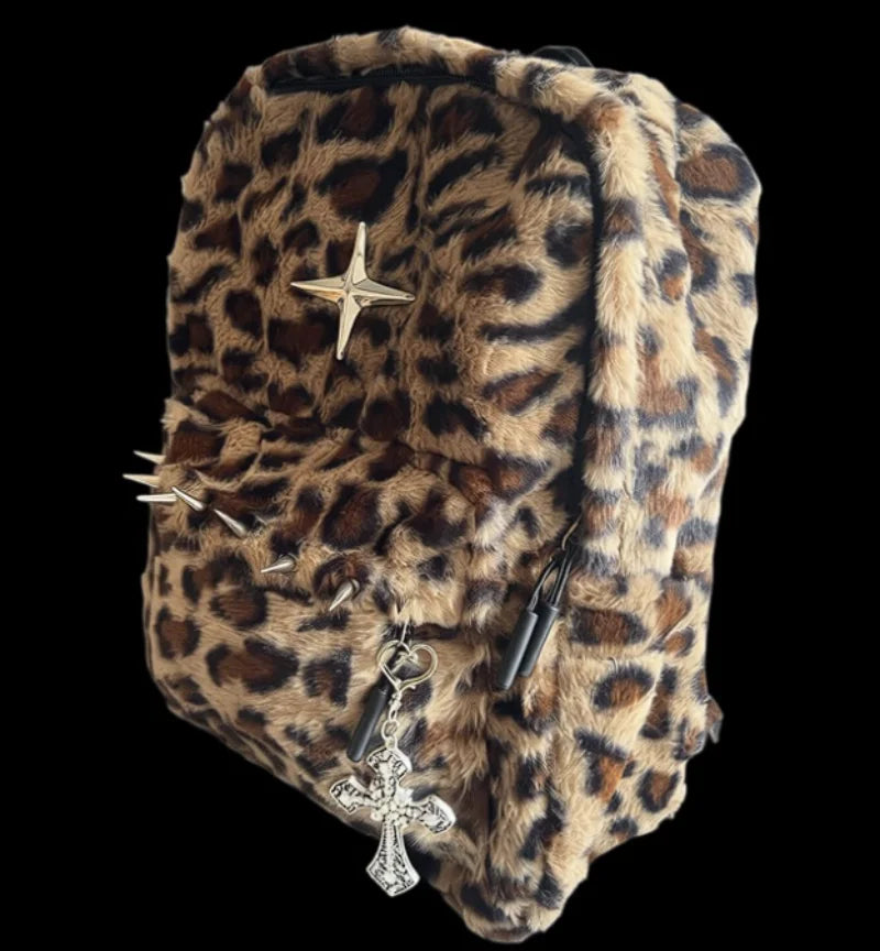 Fur large-capacity Leopard Backpack Stylish Autumn Winter Shoulder Bag for Girl Cute and Cool Designed Backpack
