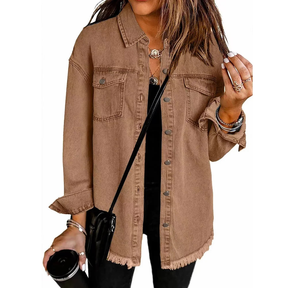 Washed Denim Jacket Women Autumn Tassel Lapel Jeans Jacket Female Casual Loose Long Sleeve Single Breasted Outerwear Shirts Coat