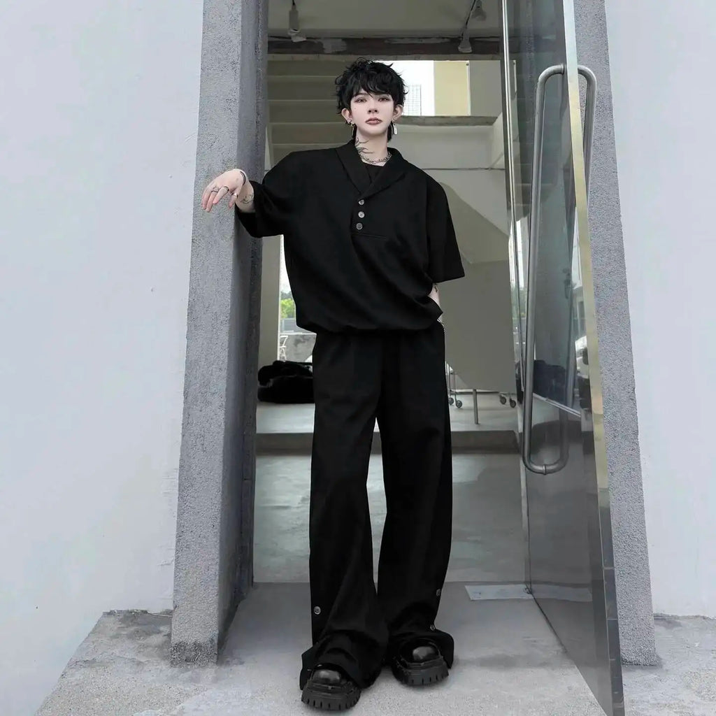 Grey New Summer Men's Two Pieces Set Turn Down Collar Fake Short Sleeve Sweatshirt And Casual Wide Leg Long Pants GPBW
