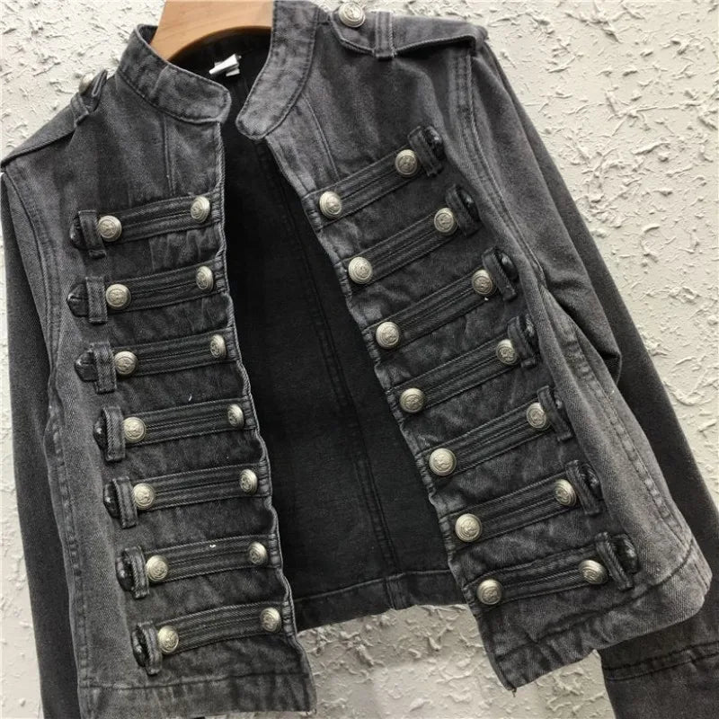 Punk Stand Collar Biker Cropped Denim Jacket Women Streetwear Y2K Coat Double-Breasted Long Sleeve Top High Waist Outerwear New