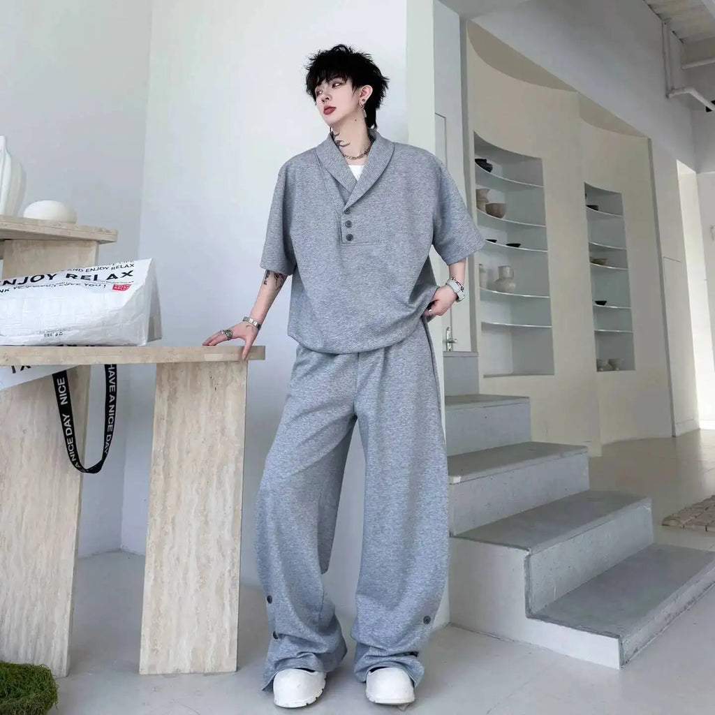 Grey New Summer Men's Two Pieces Set Turn Down Collar Fake Short Sleeve Sweatshirt And Casual Wide Leg Long Pants GPBW