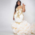 Plus Size Ruffles Bridal Dresses 2021 Sheer Neck Full Sleeve Gold Appliques Wedding Gowns Tier Tulle Train Robe De Mariee