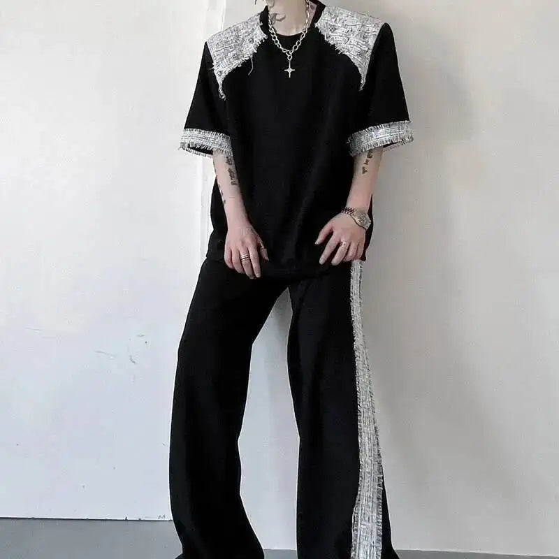 Summer Two Men's Pieces Set Tweed Patchwork Design Short Sleeve T-Shirt And Loose Wide Leg Long Pants Casual Sets OF7V