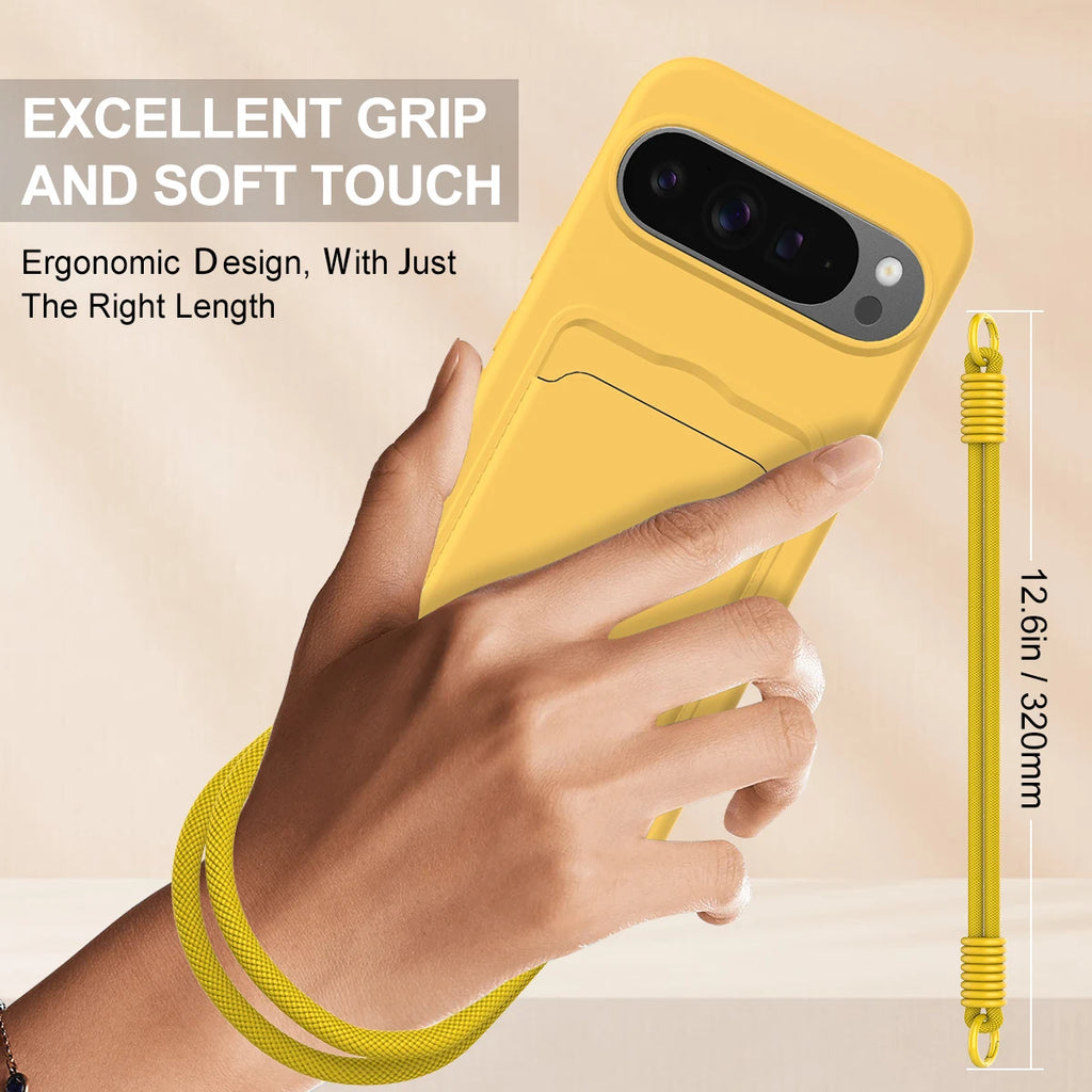 Premium Lanyard Rope Soft Liquid Silicone Phone Case For Google Pixel 10 9 Pro XL ShockProof Wallet Card Holder Protective Cover