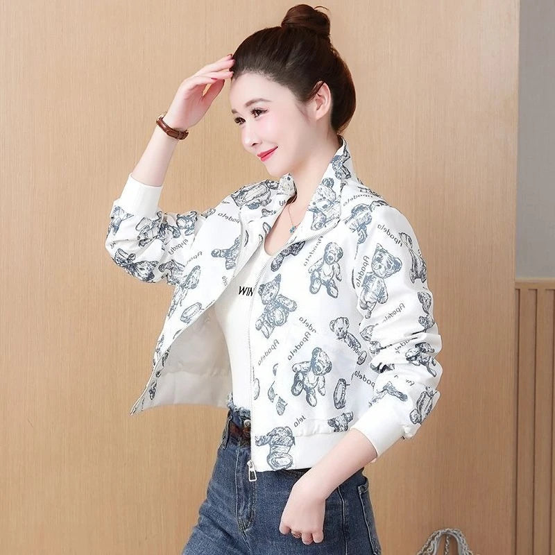 Women's 2025 Floral Print Short Jacket Spring Autumn Baseball Style Outerwear for Petite Sizes Trendy Casual Design