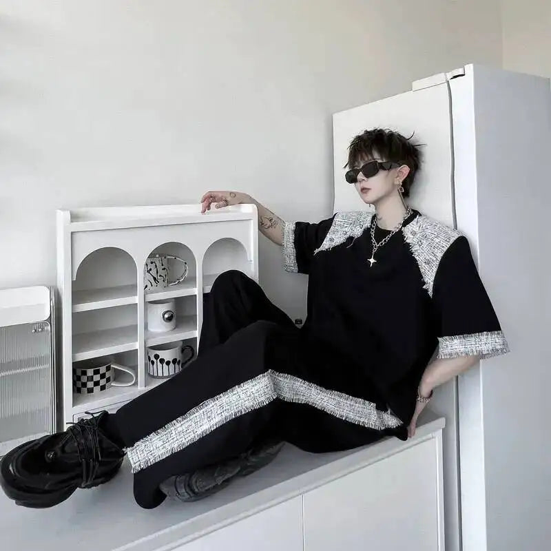 Summer Two Men's Pieces Set Tweed Patchwork Design Short Sleeve T-Shirt And Loose Wide Leg Long Pants Casual Sets OF7V