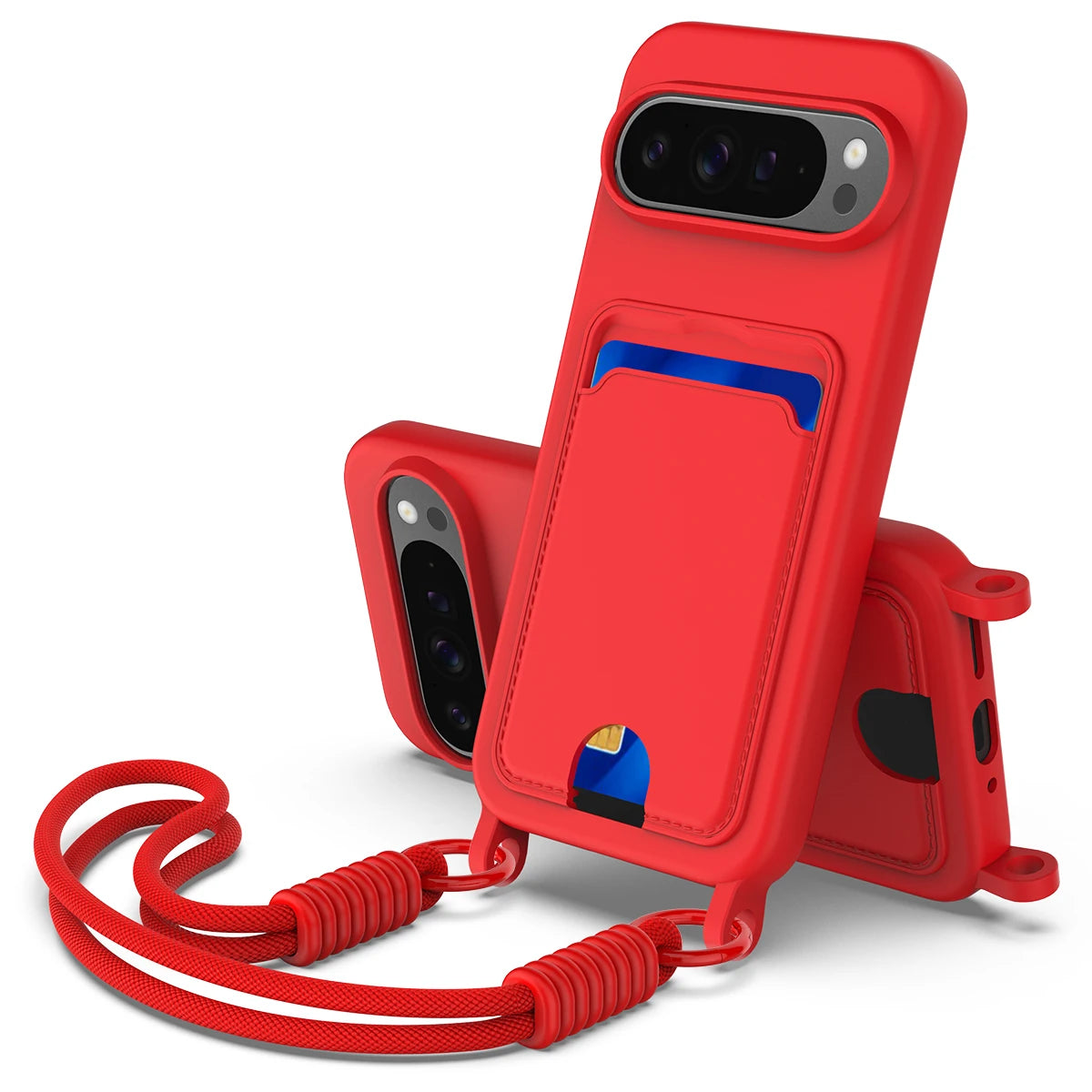 Premium Lanyard Rope Soft Liquid Silicone Phone Case For Google Pixel 10 9 Pro XL ShockProof Wallet Card Holder Protective Cover