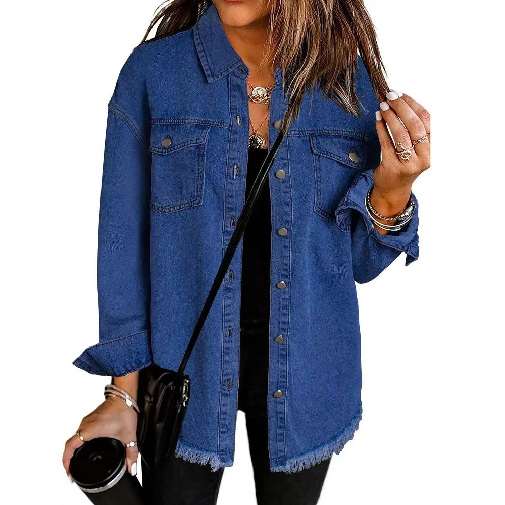 Washed Denim Jacket Women Autumn Tassel Lapel Jeans Jacket Female Casual Loose Long Sleeve Single Breasted Outerwear Shirts Coat