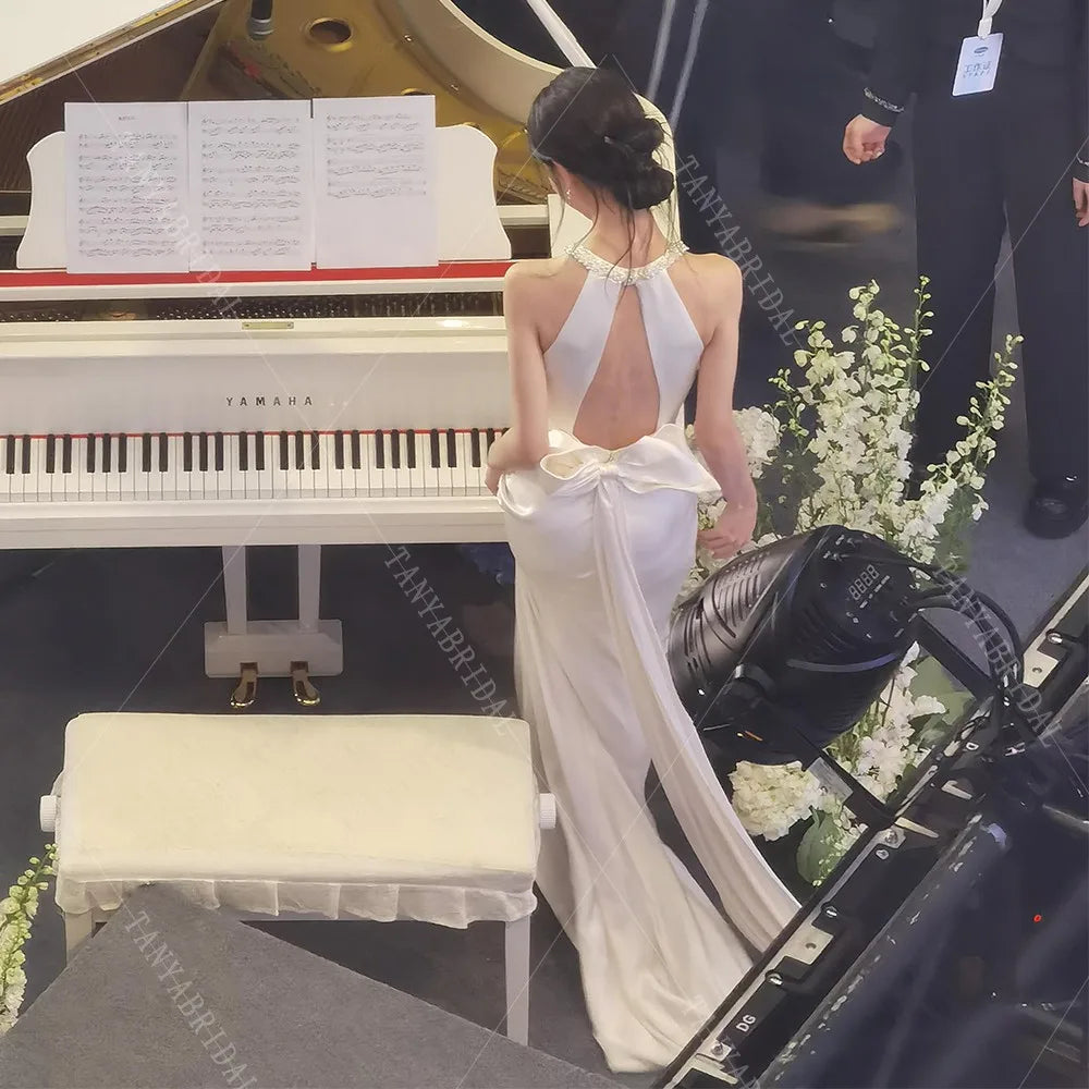 Elegant Soft Satin Mermaid Wedding Dress Sleeveless Backless Sheath Bridal Gown Simple Sweep Train Evening Dress Chic