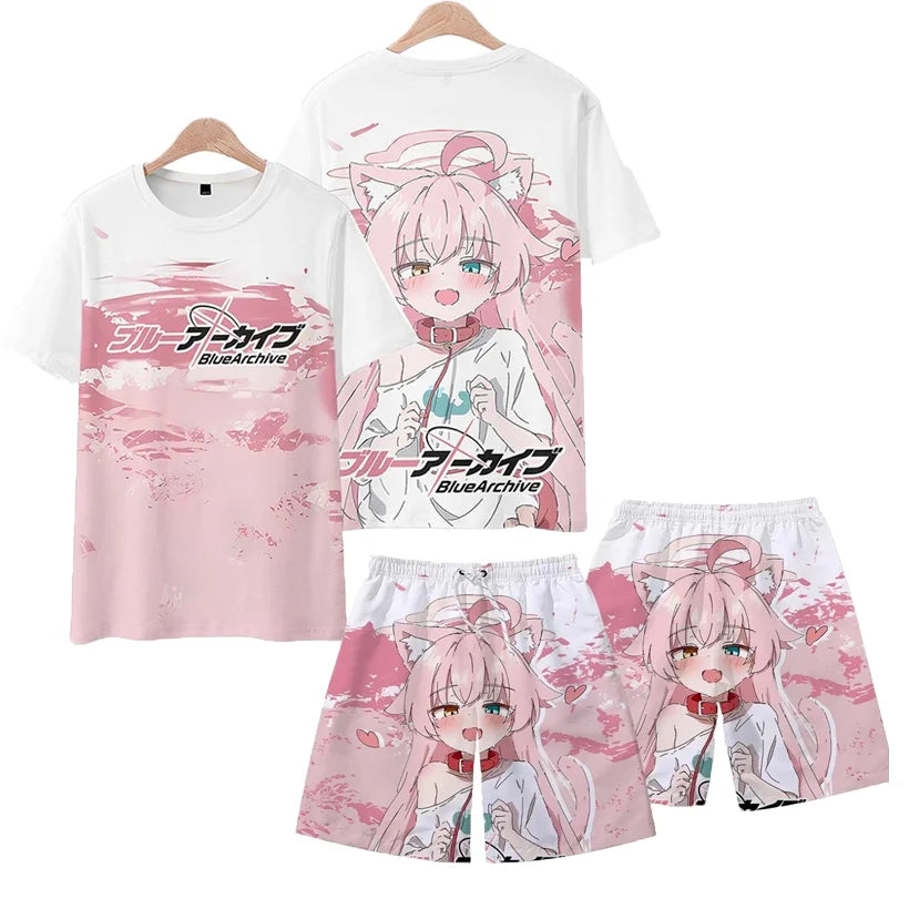 Men's Suits Anime Blue Archive Takanashi Hoshino 3D Print T-Shirts Shorts 2-Piece Sets Tracksuits Oversized Outfits Man Clothing