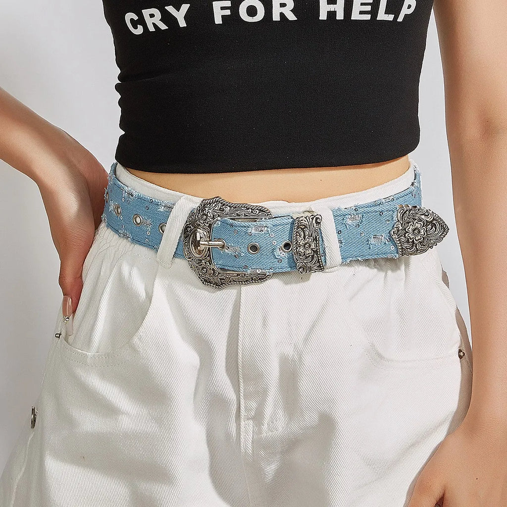 Women's Retro Casual Trend Rhinestone Buckle Belt, Street Ripped Denim Style Punk Rock Versatile Fashion Accessory，For Men Women