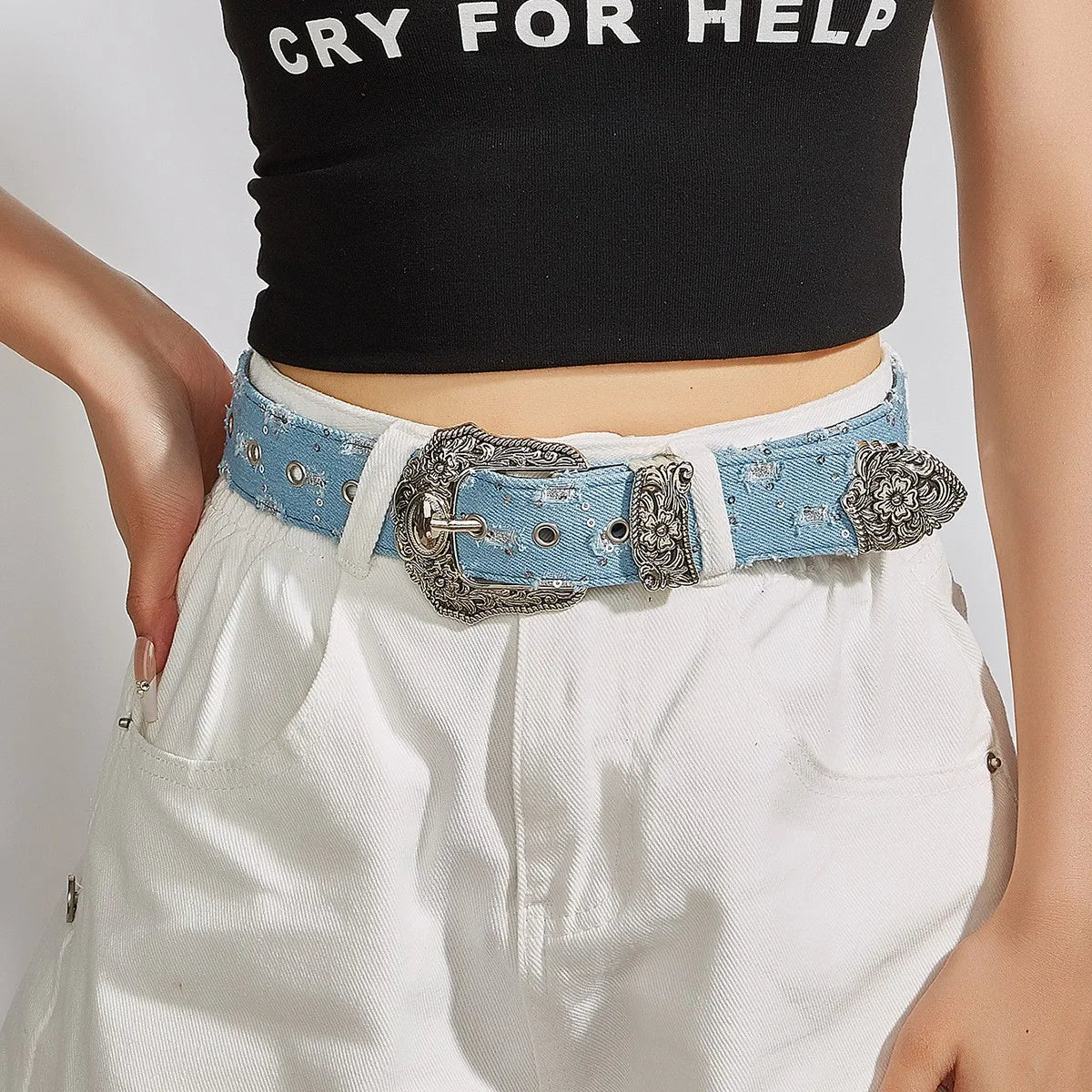 Women's Retro Casual Trend Rhinestone Buckle Belt, Street Ripped Denim Style Punk Rock Versatile Fashion Accessory，For Men Women