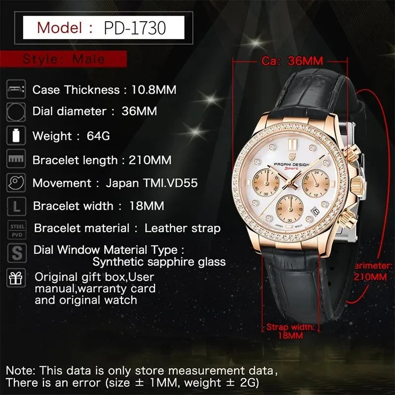 PAGANI DESIGN Luxury Diamond Encrusted Women's Watch Casual Leather Timing Code Sapphire Glass Festival Gift Women's Watch+Gift