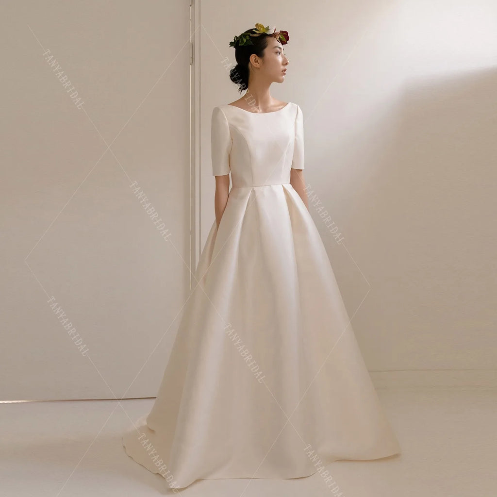 Elegant Mikado Satin Wedding Dress Short Sleeves Floor Length Simple Bridal Photoshoot Dress A Line Bridal Gown Custom Made